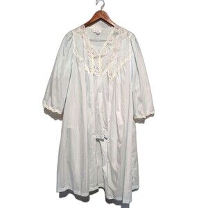 Baby Blue Vanity Fair 3 pc Pajama Set With Robe Vintage Embroidery Lace L S/S